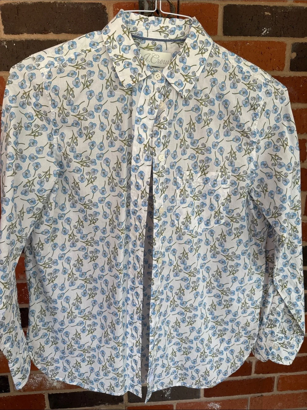 J. Crew White Long-Sleeve Button-Down with Blue Floral Print
